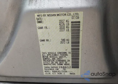 2016 Nissan Altima 2.5 Sr from USA, damaged, VIN 1N4AL3APXGC268612